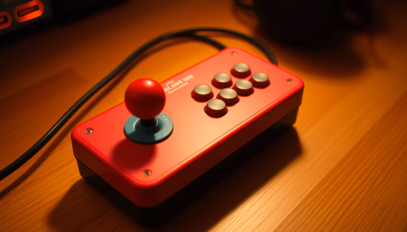 arcade joystick red in editorial style
