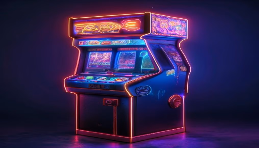 Arcade machine retro neon em estilo editorial