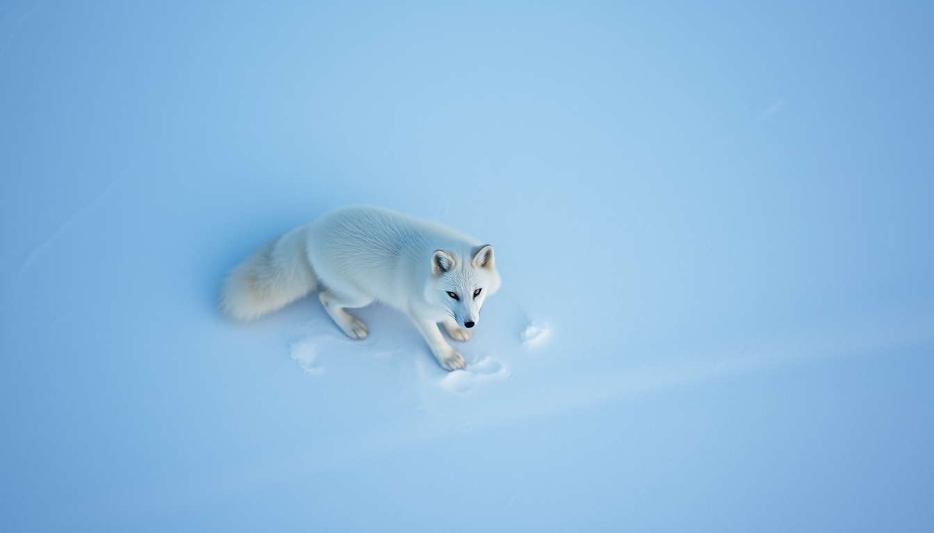 arctic fox white snow in editorial style