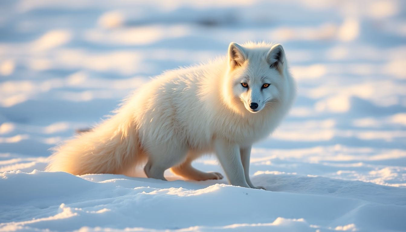 arctic fox white snow in editorial style