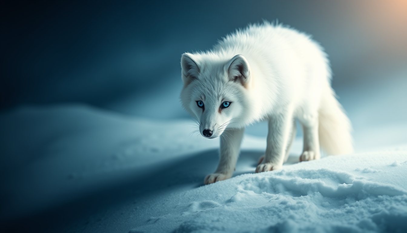 arctic fox white snow in editorial style