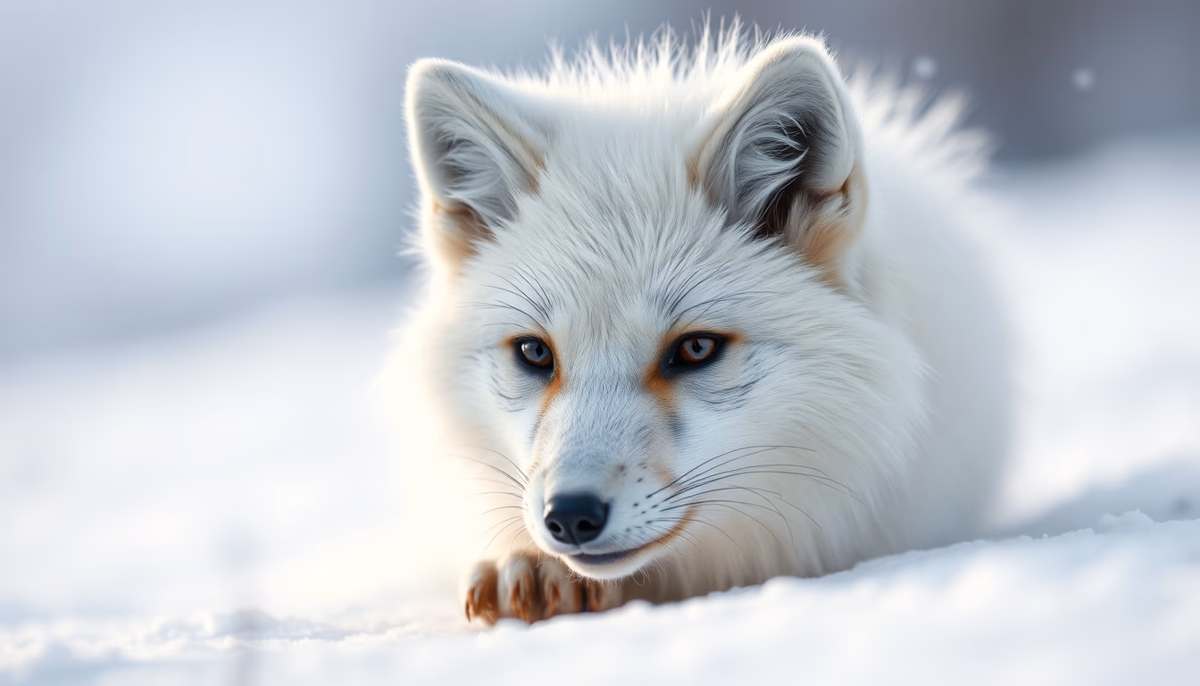 arctic fox white snow in editorial style