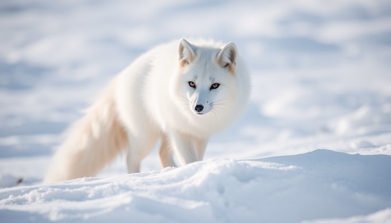 arctic fox white snow in editorial style