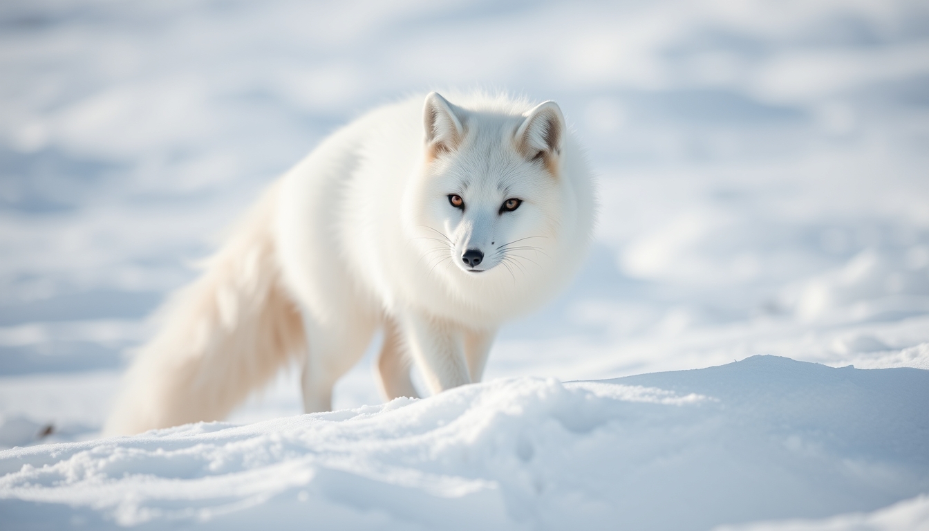 arctic fox white snow in editorial style
