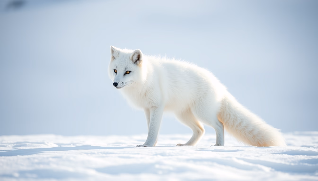 arctic fox white snow in editorial style