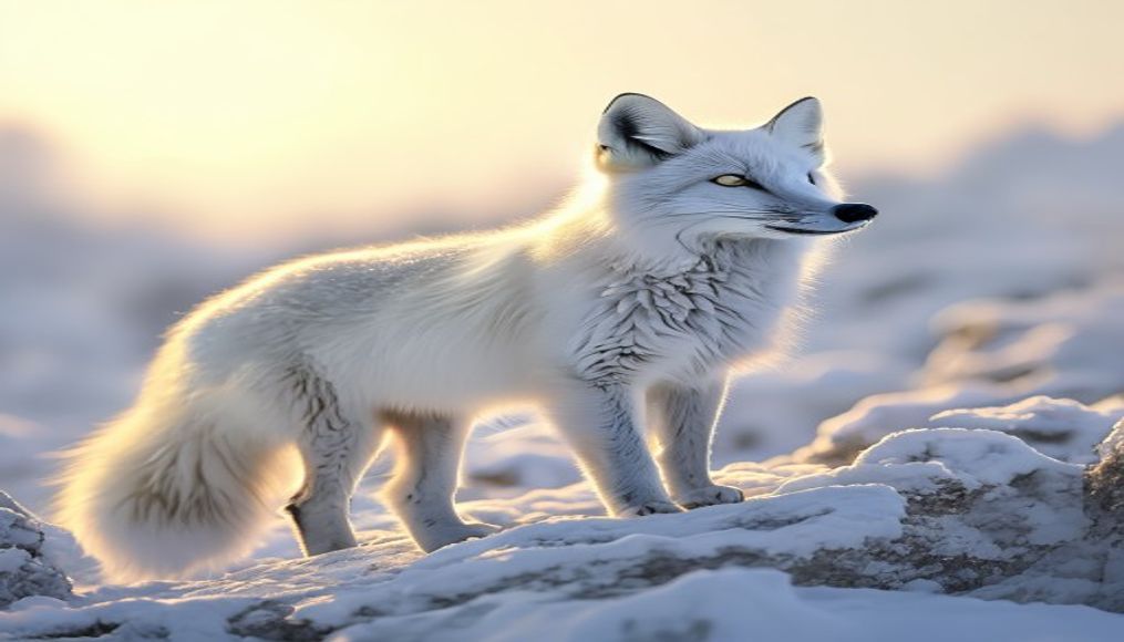 arctic fox white snow in editorial style
