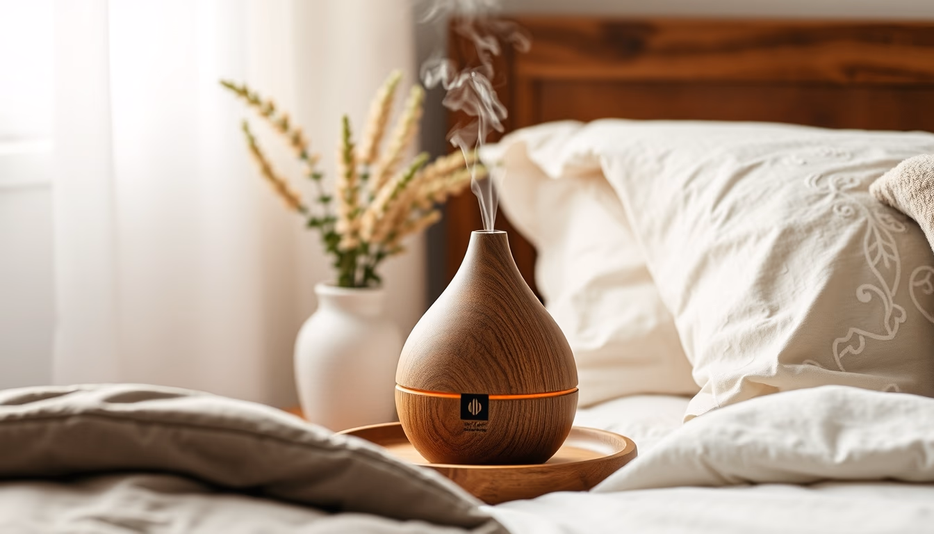 aromatherapy diffuser bedside in editorial style