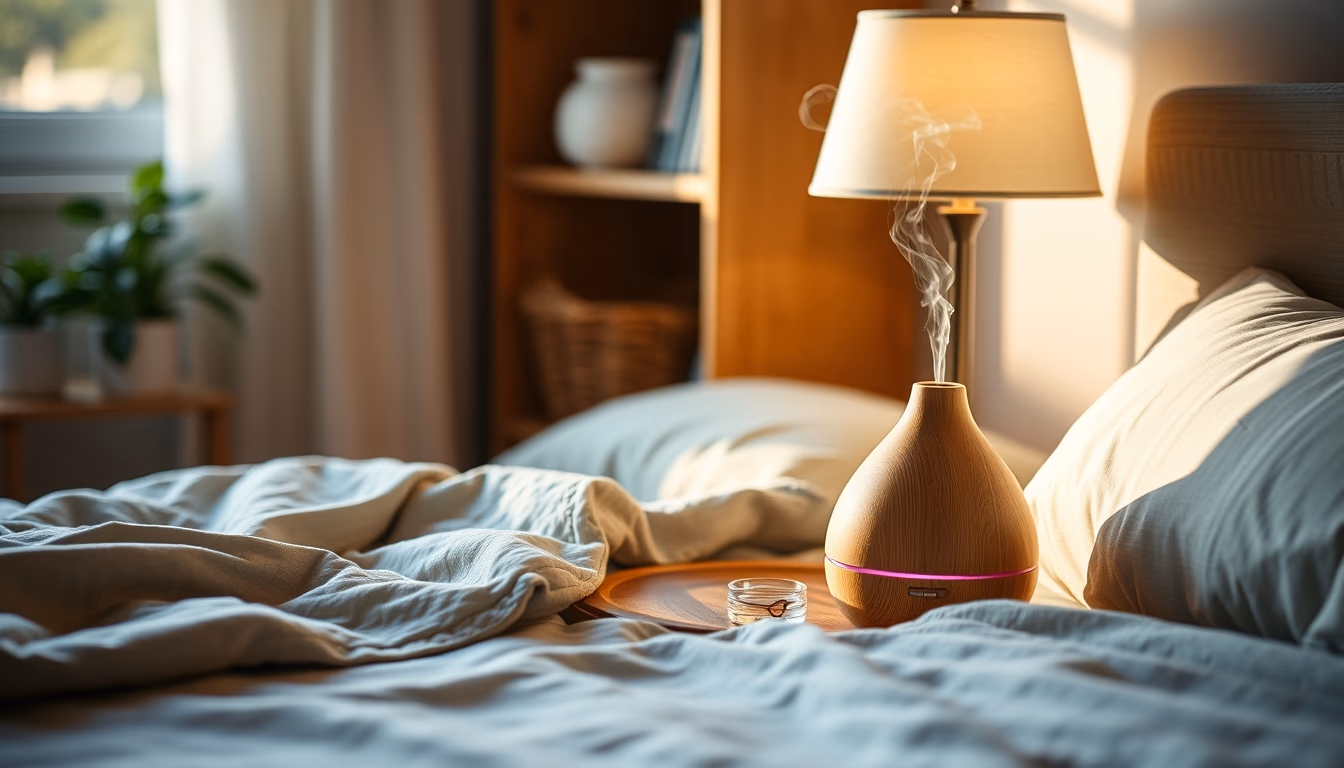 aromatherapy diffuser bedside in editorial style