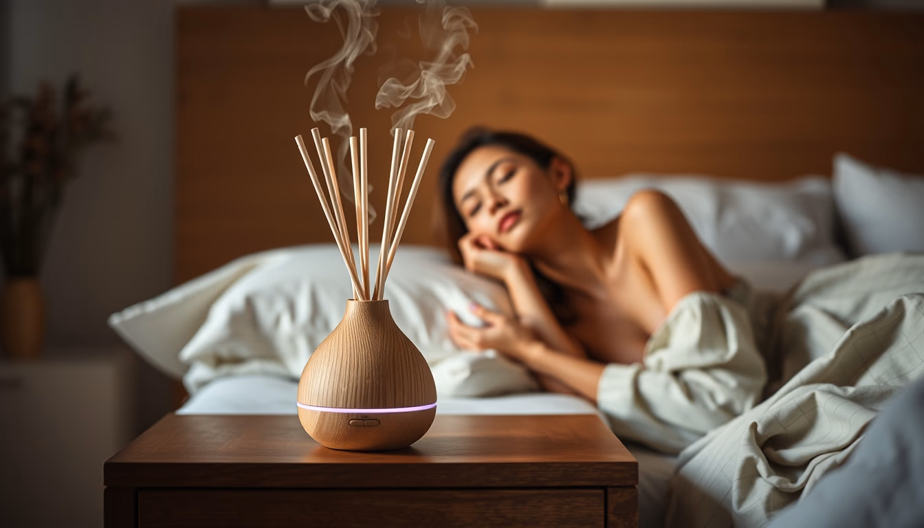 aromatherapy diffuser bedside in editorial style