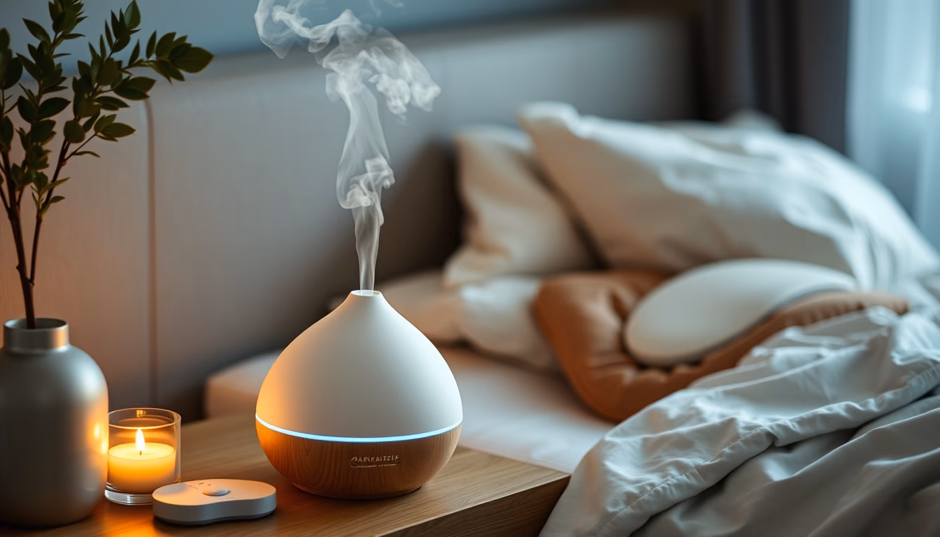 aromatherapy diffuser bedside in editorial style