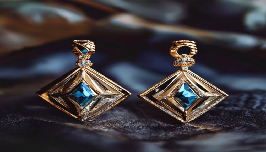 art deco diamond earrings geometric in luxury editorial photography