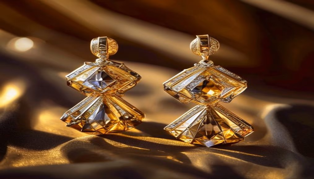 art deco diamond earrings geometric in luxury editorial photography