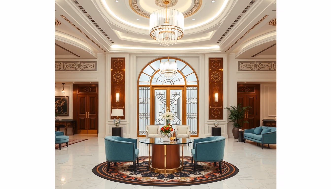 art deco hotel lobby in editorial style