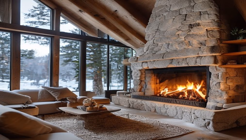 aspen ski chalet stone fireplace in luxury editorial photography