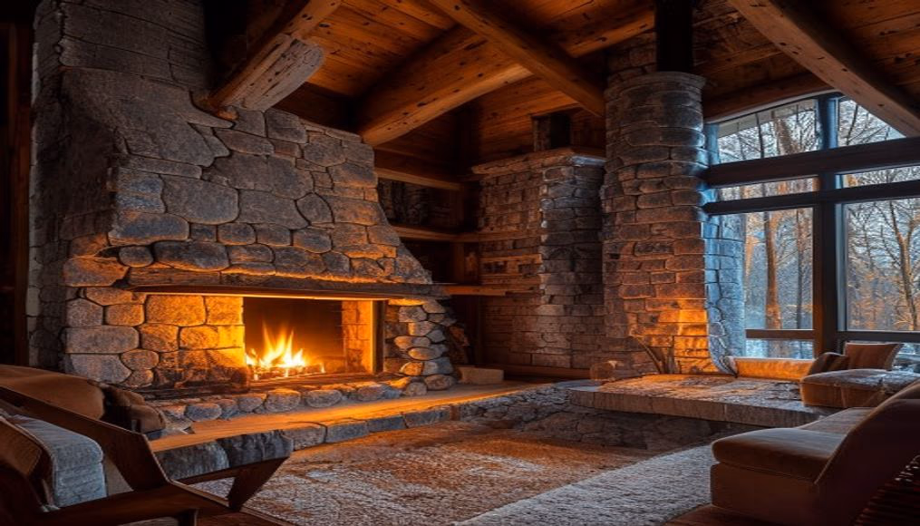 aspen ski chalet stone fireplace in luxury editorial photography