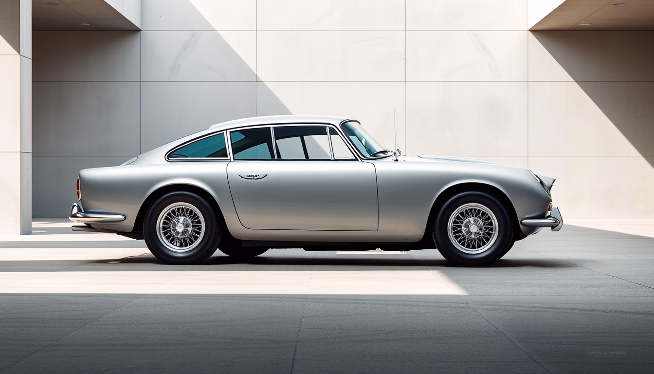 aston martin db5 silver in editorial style