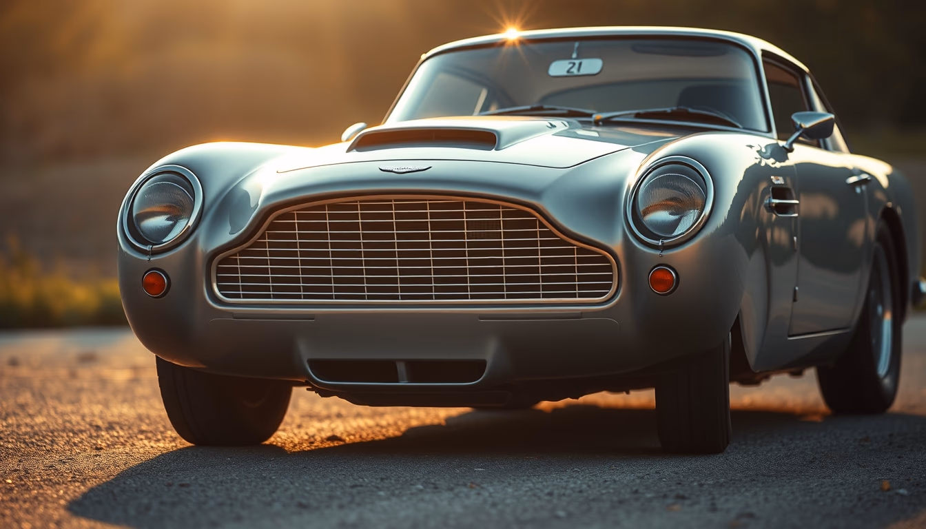 aston martin db5 silver in editorial style