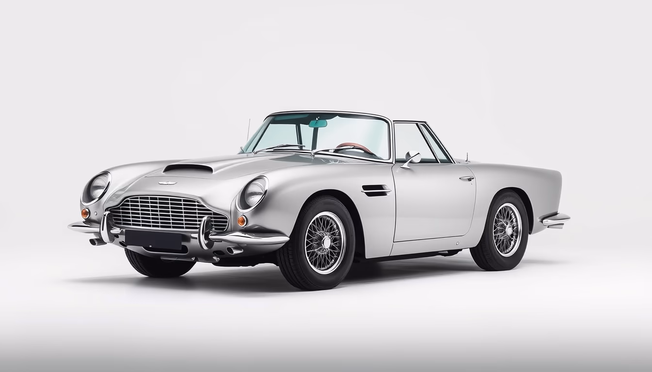 aston martin db5 silver in editorial style