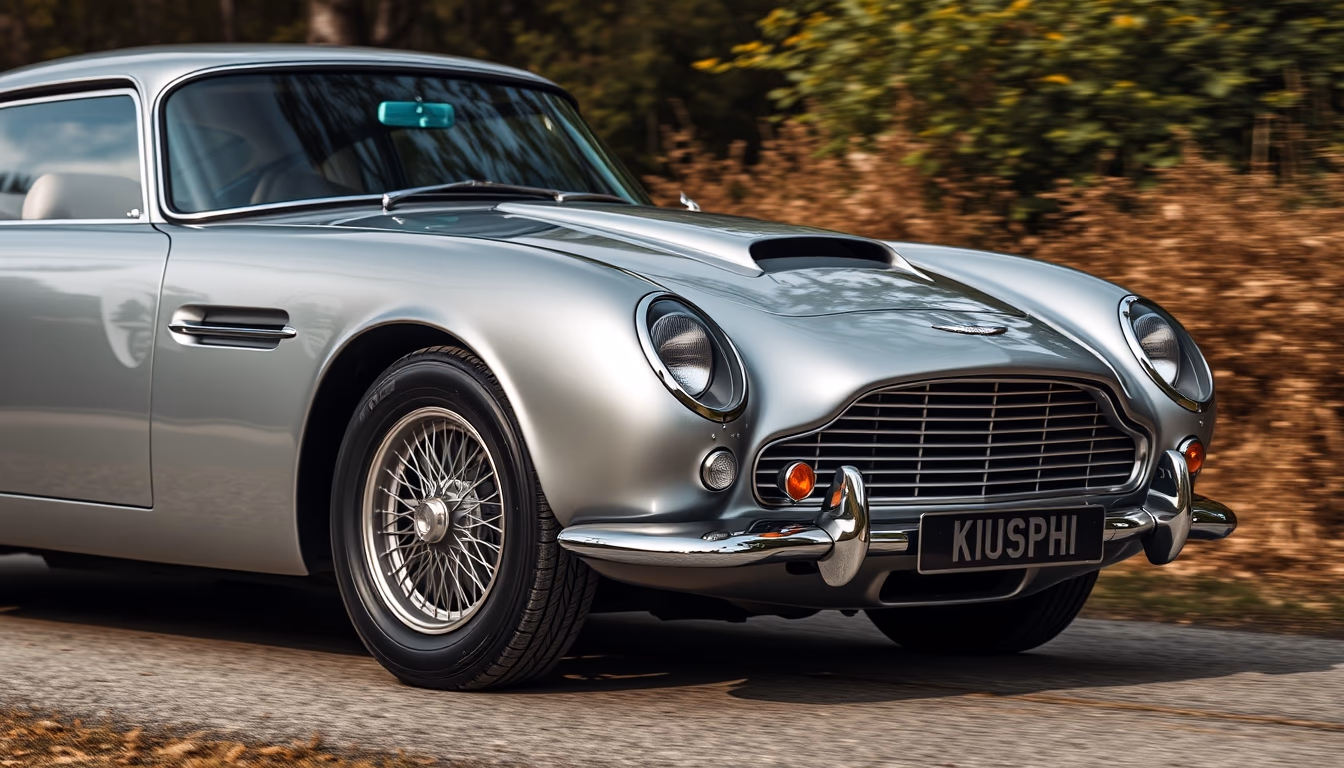 aston martin db5 silver in editorial style