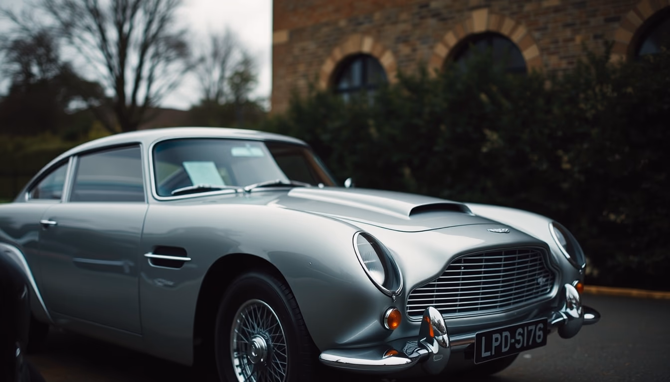 aston martin db5 silver in editorial style