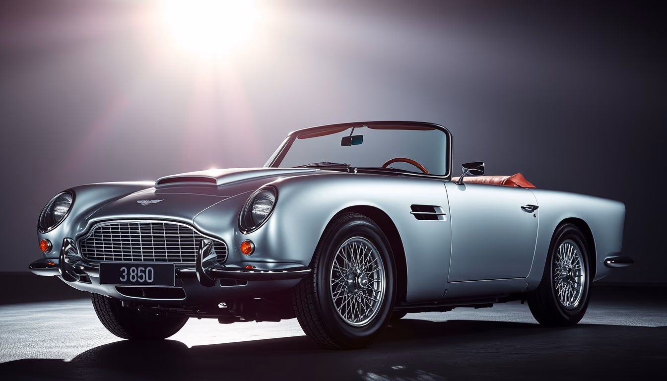 aston martin db5 silver in editorial style
