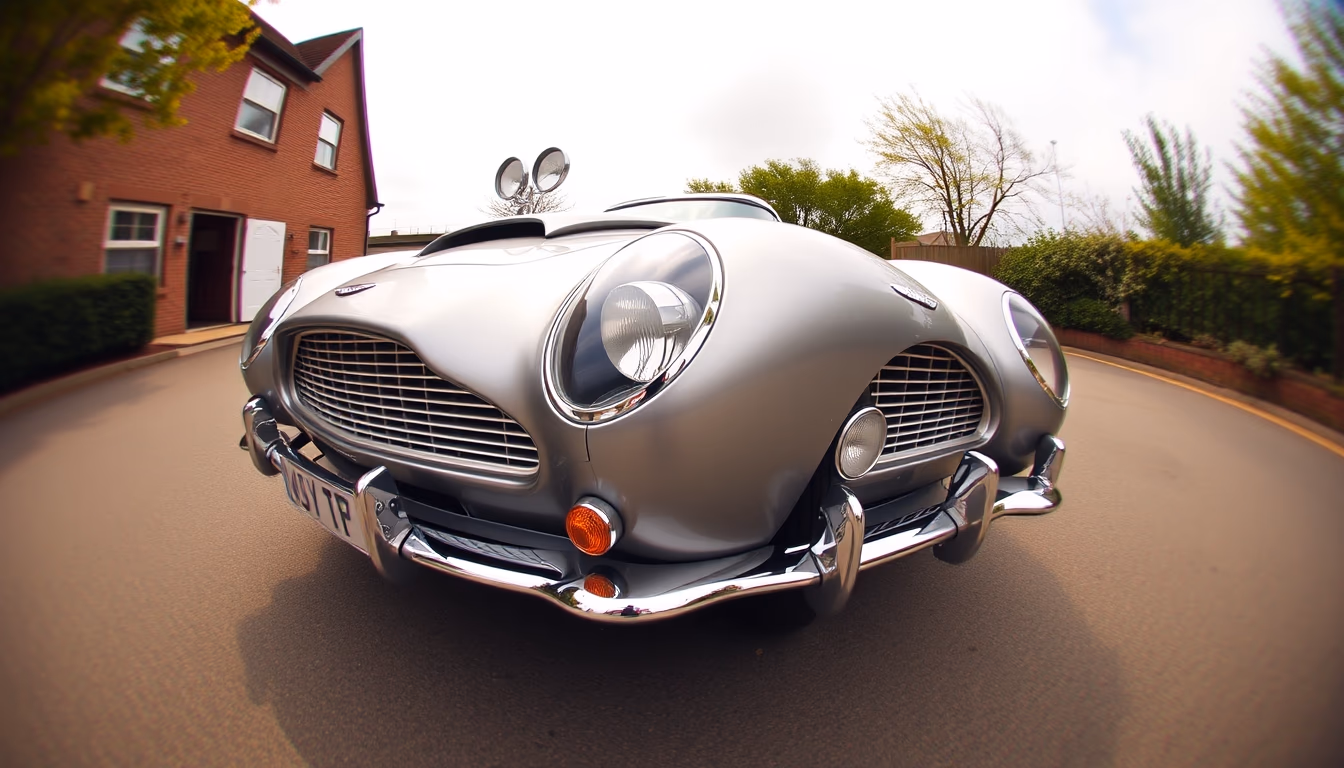 aston martin db5 silver in editorial style