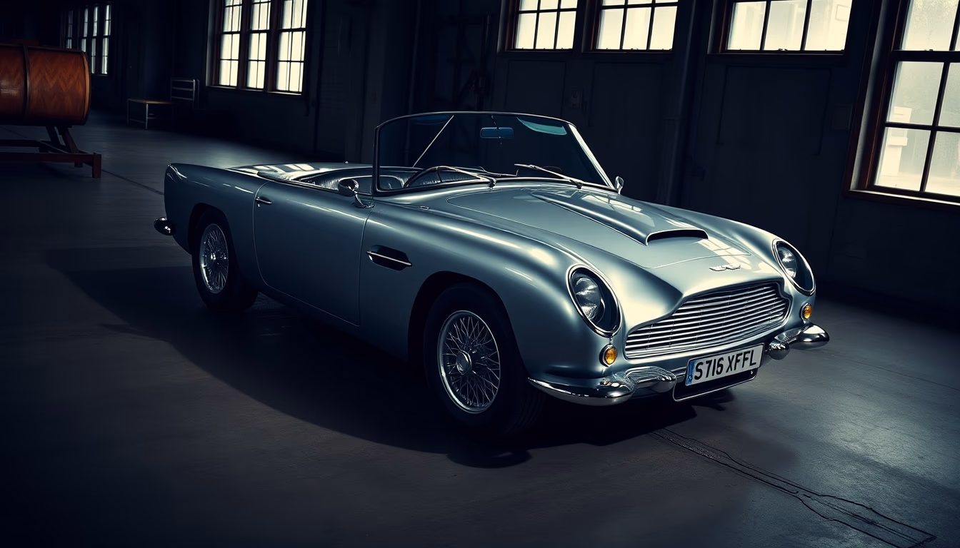 aston martin db5 silver in editorial style