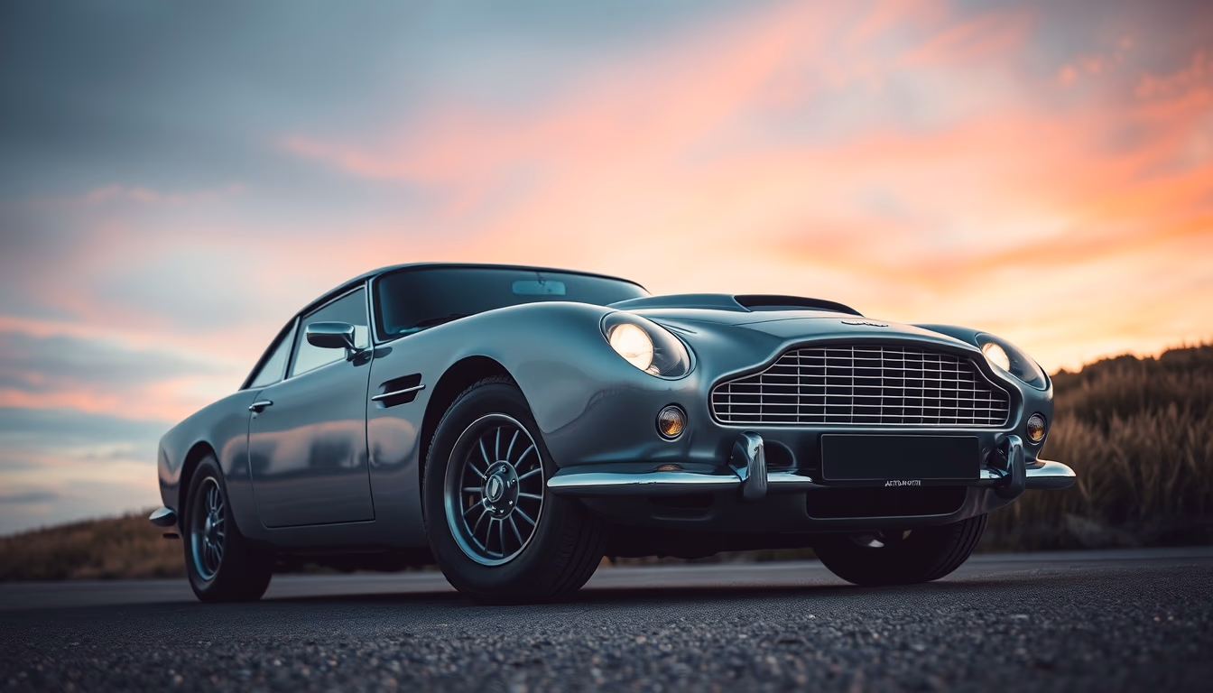 aston martin db5 silver in editorial style