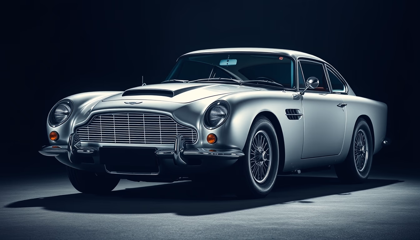 aston martin db5 silver in editorial style