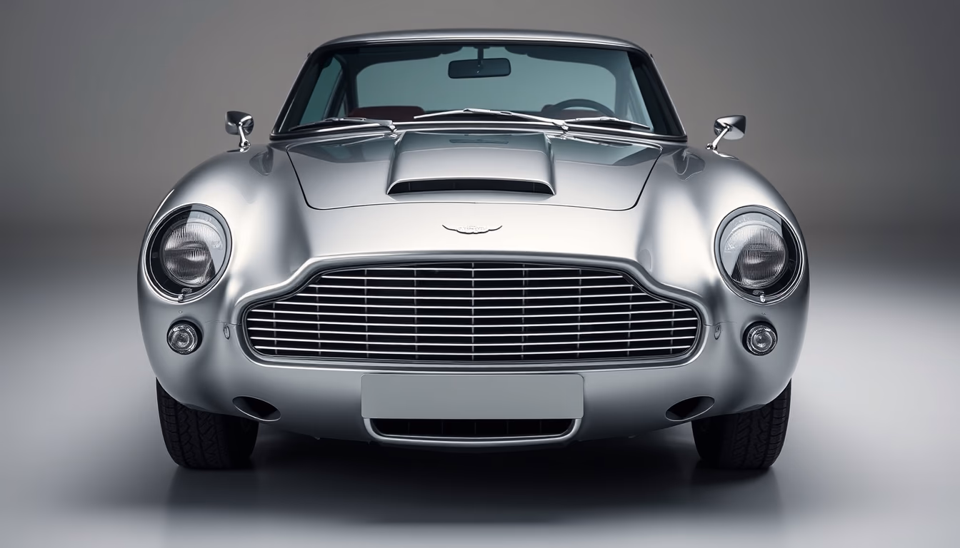 aston martin db5 silver in editorial style