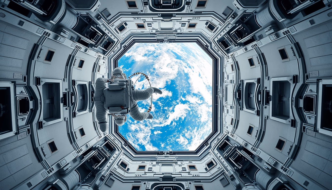 astronaut spacewalk earth view in editorial style