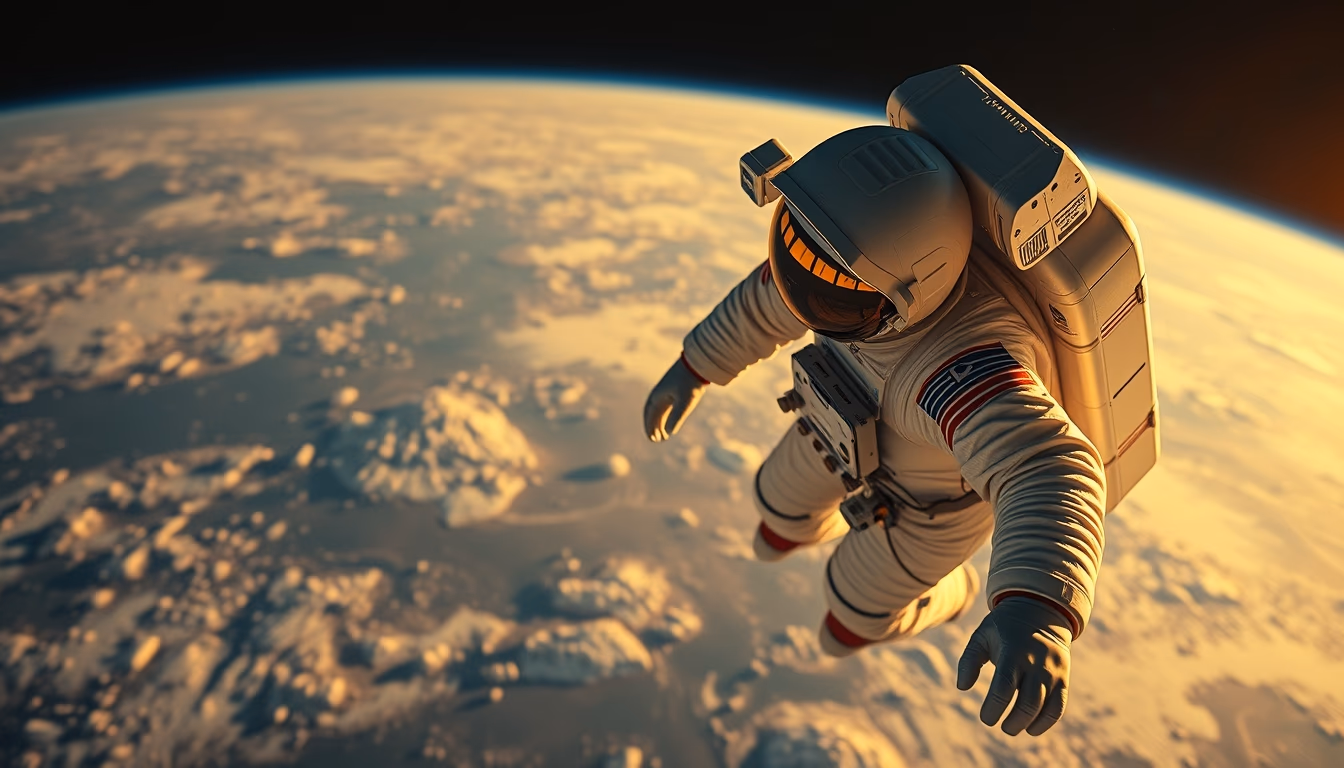 astronaut spacewalk earth view in editorial style