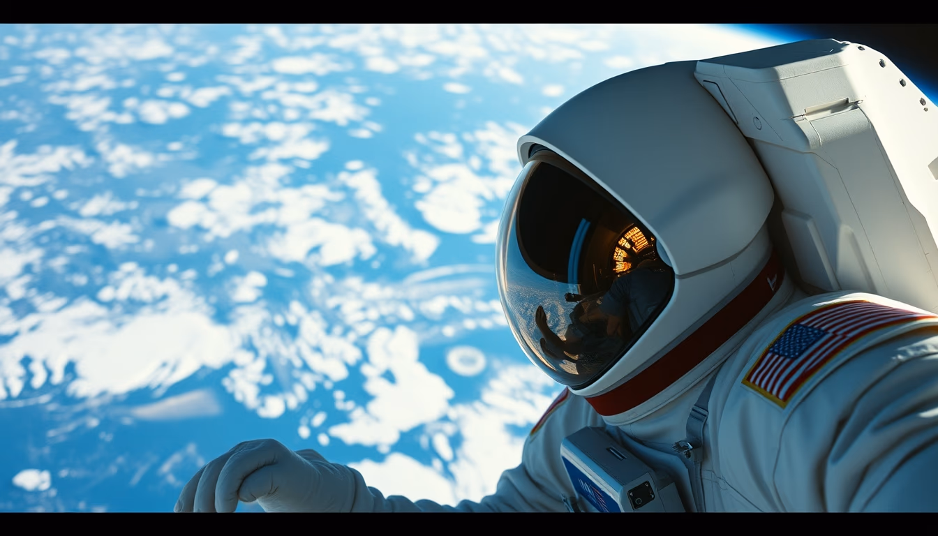 astronaut spacewalk earth view in editorial style