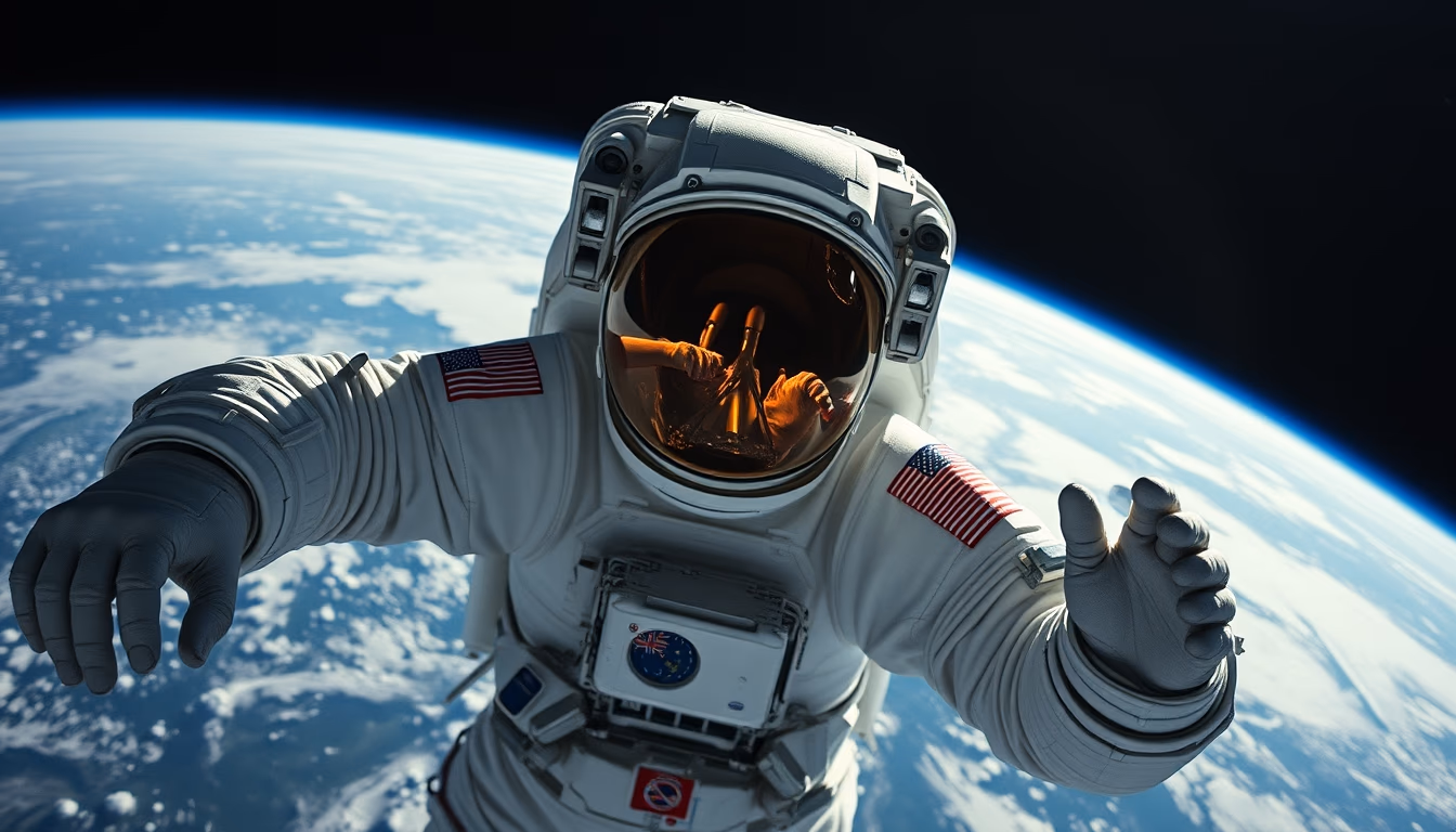 astronaut spacewalk earth view in editorial style