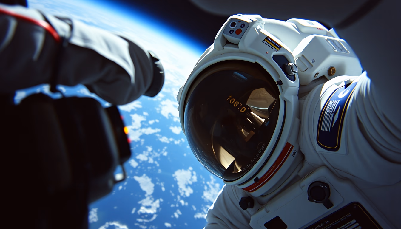 astronaut spacewalk earth view in editorial style