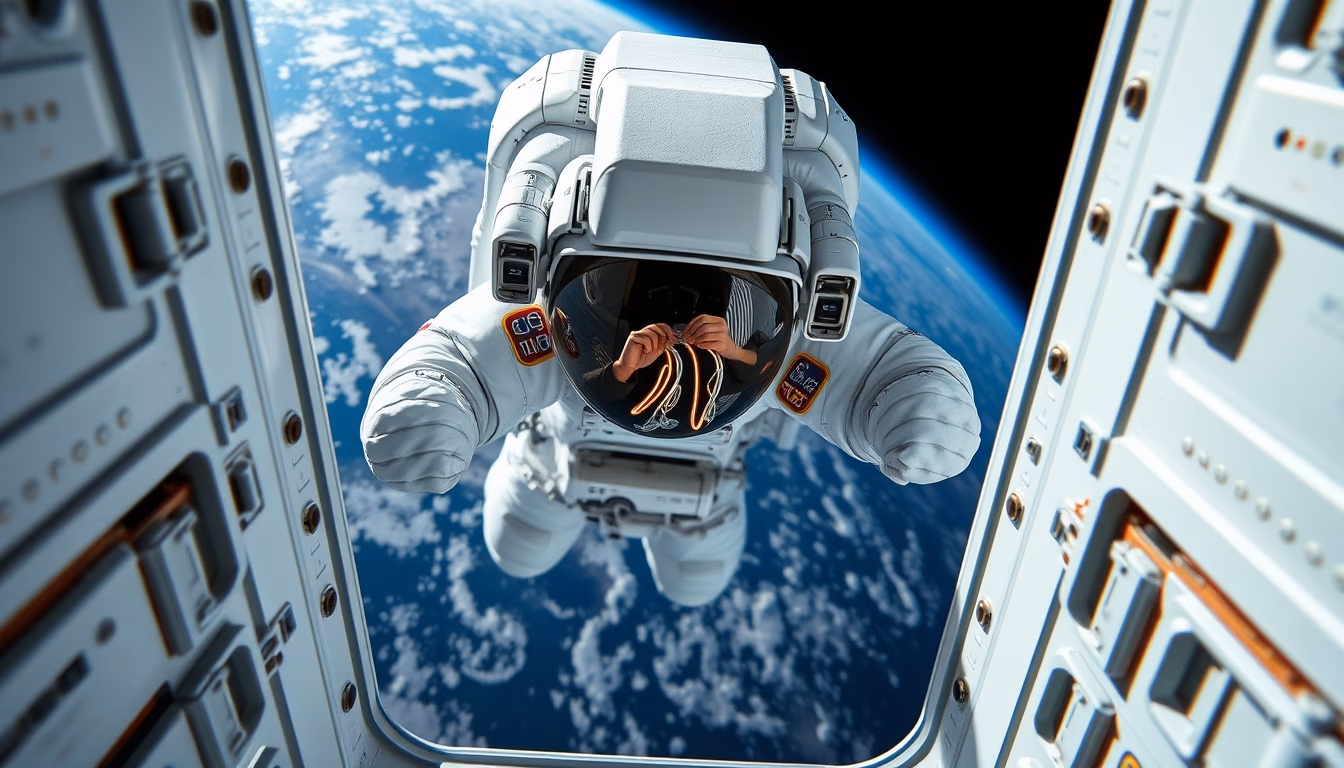 astronaut spacewalk earth view in editorial style