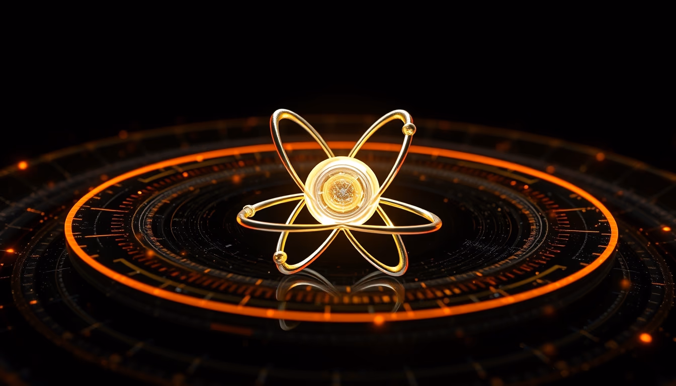 atom 3d render electron orbit in editorial style