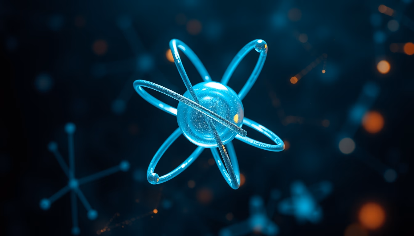 atom 3d render electron orbit in editorial style