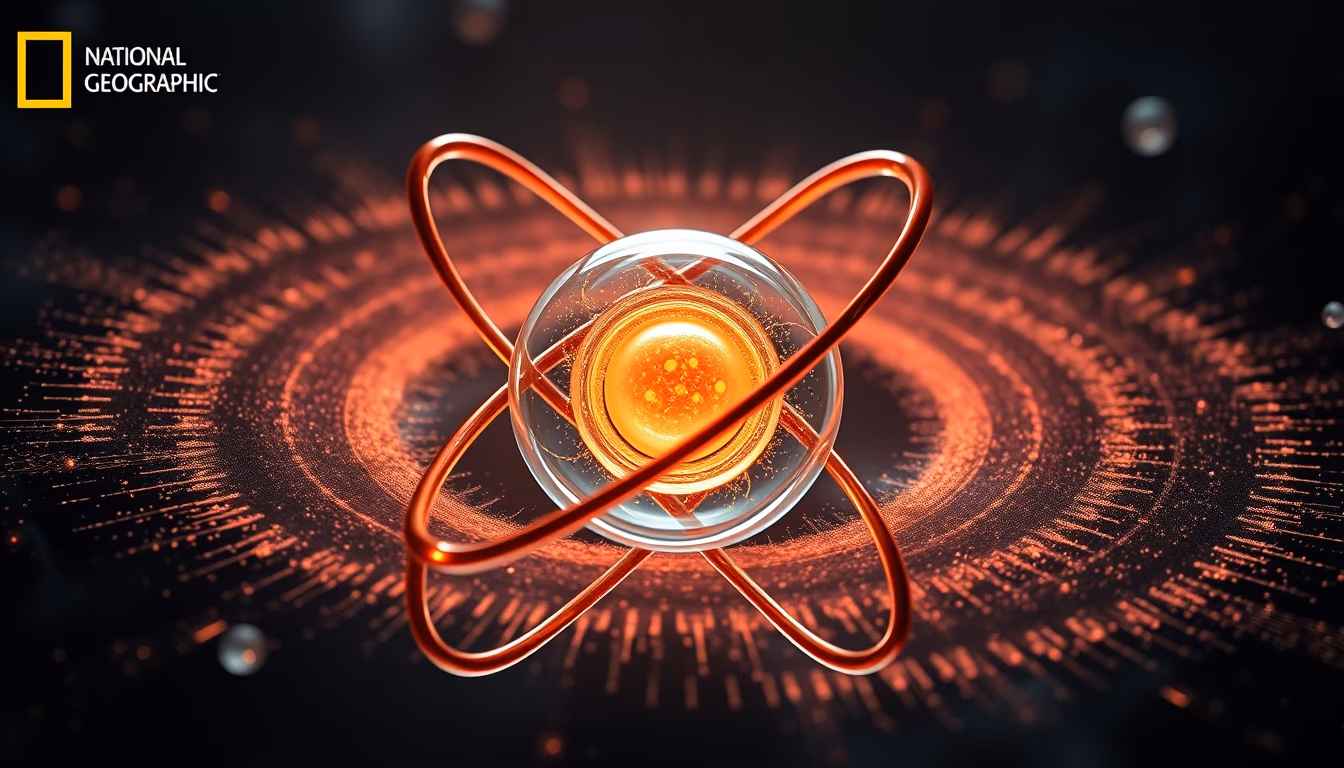 atom 3d render electron orbit in editorial style