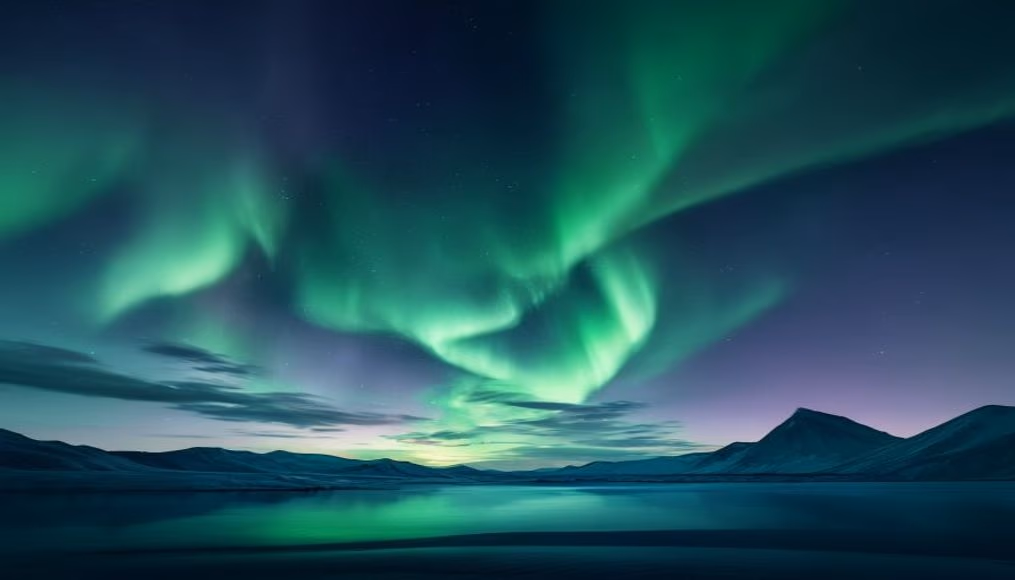 aurora borealis green sky in editorial style