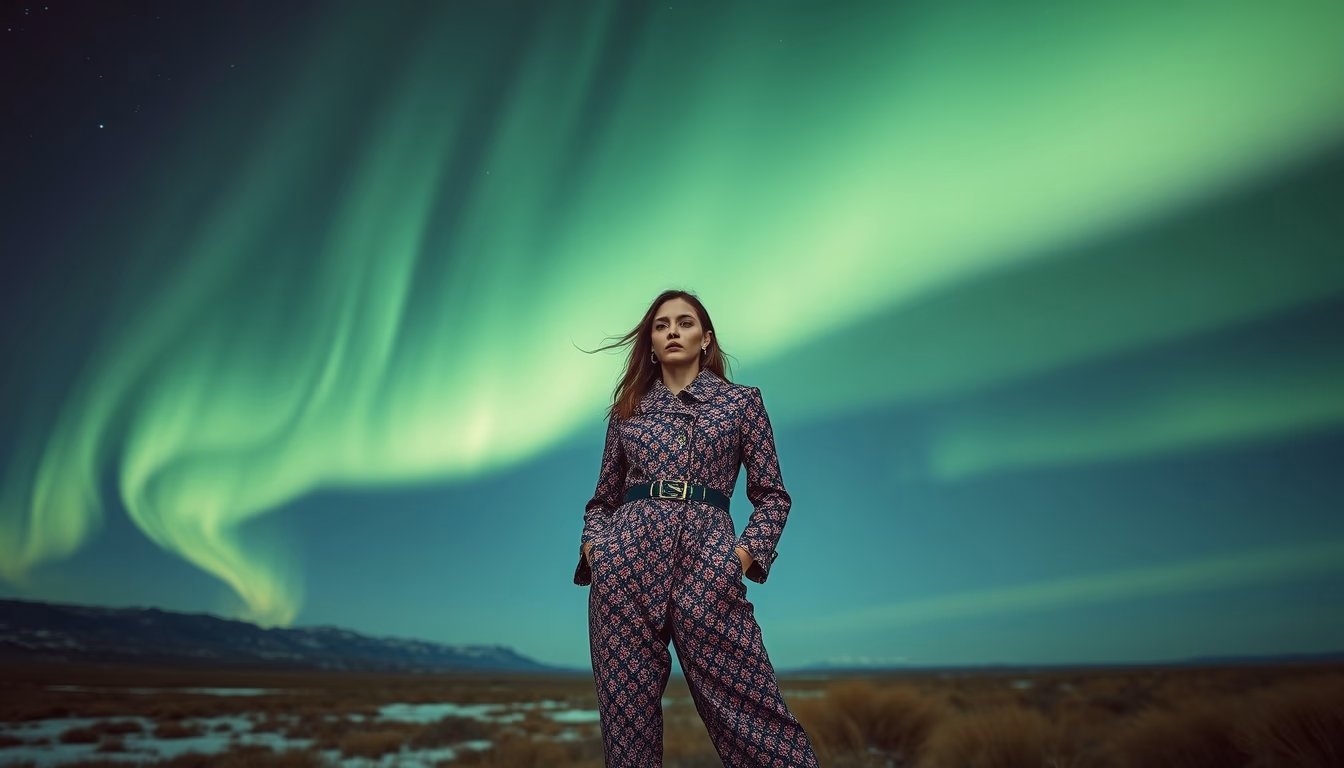 aurora borealis green sky in editorial style