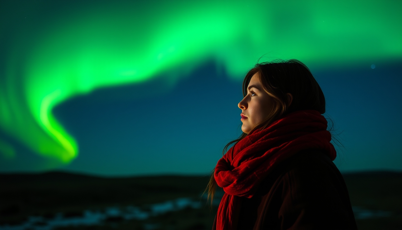 aurora borealis green sky in editorial style