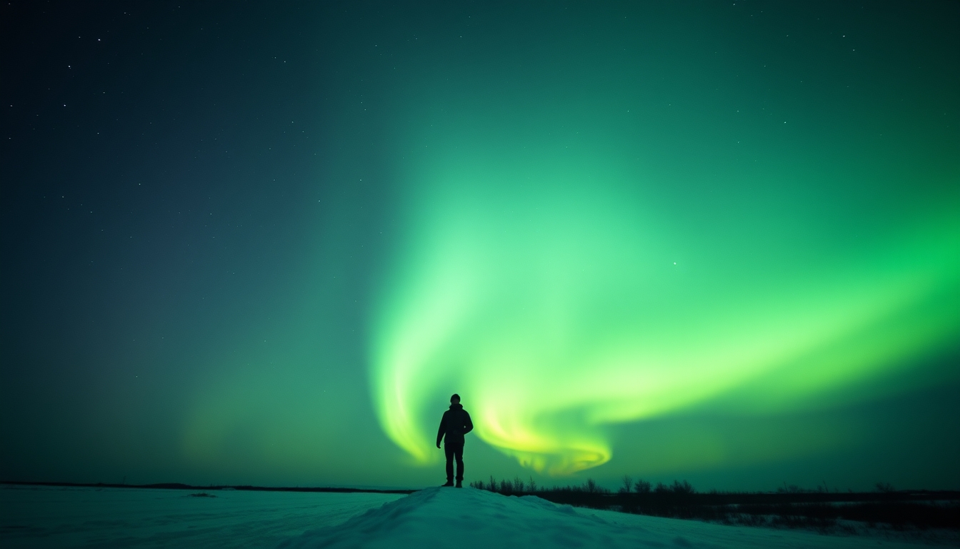 aurora borealis green sky in editorial style