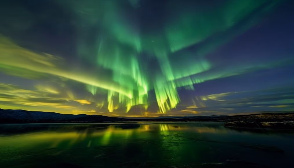 aurora borealis green sky in editorial style