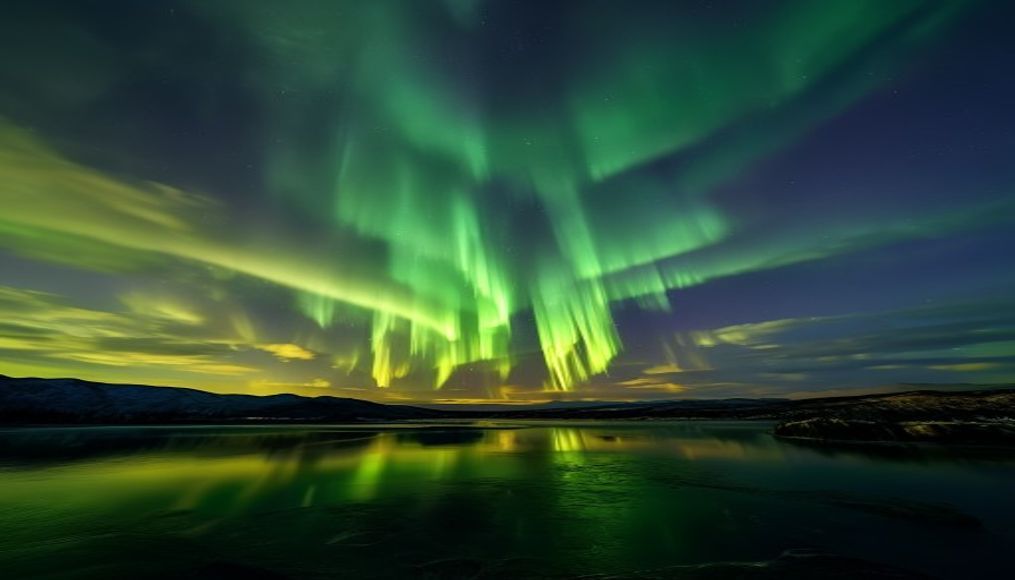 aurora borealis green sky in editorial style