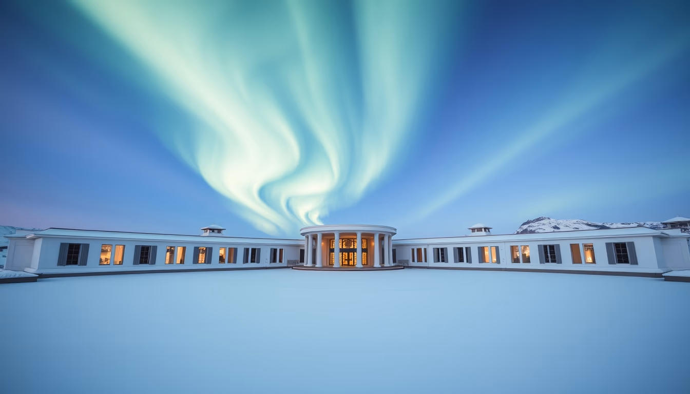 aurora over snow lake in editorial style