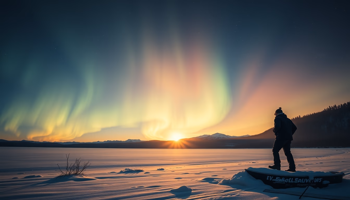 aurora over snow lake in editorial style