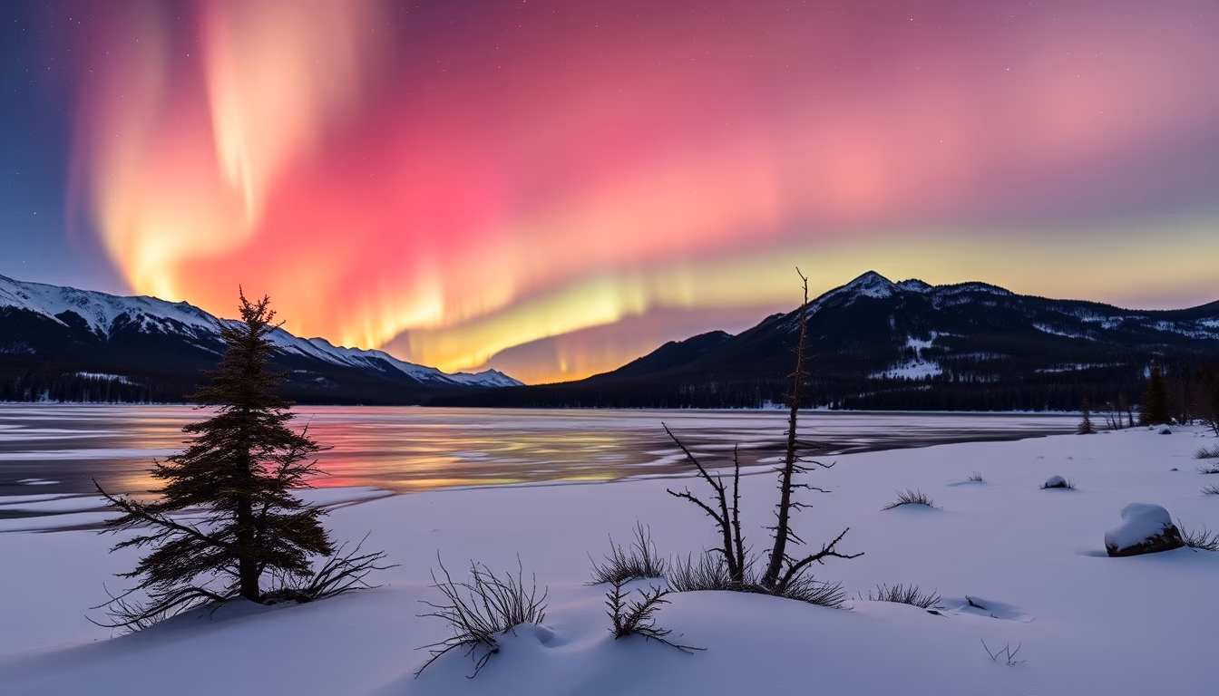 aurora over snow lake in editorial style
