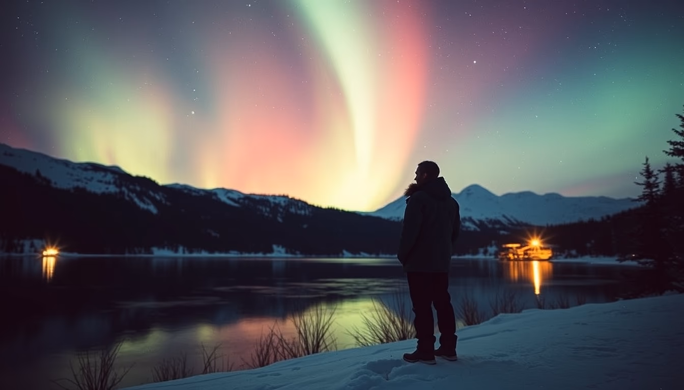 aurora over snow lake in editorial style