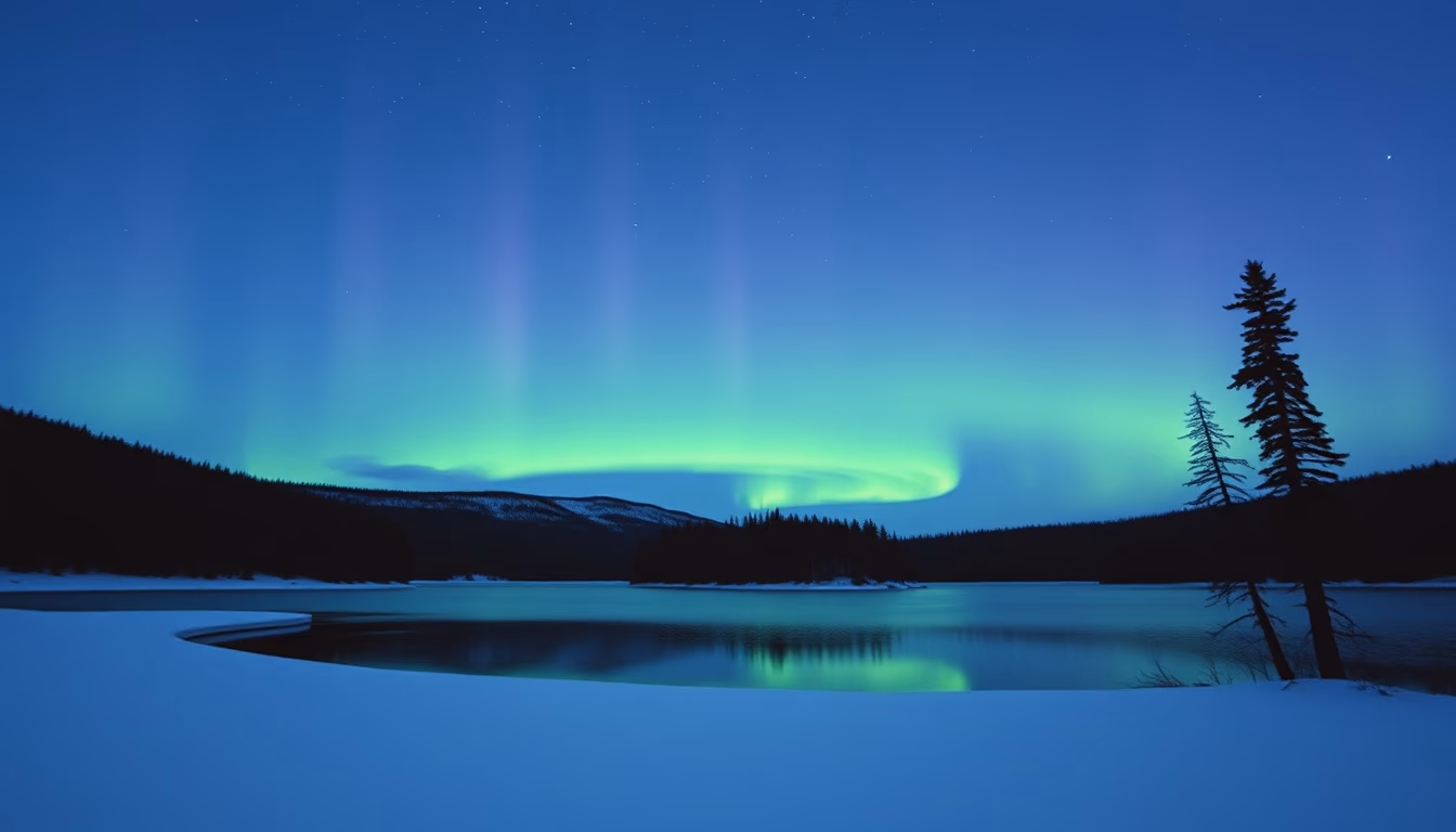 aurora over snow lake in editorial style